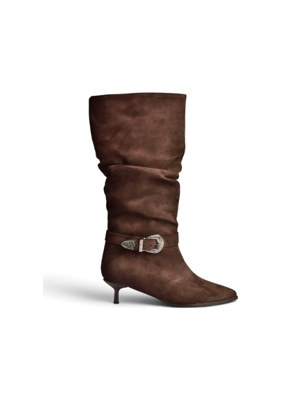 Fox Shoes Z726105702 Kahverengi Süet İnce Topuklu Büzgülü Kadın Çizme