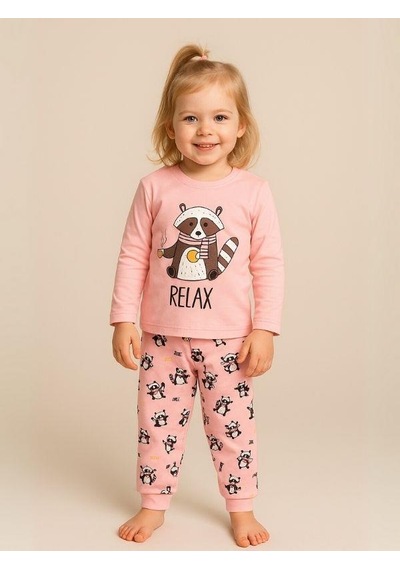 Kız Çocuk Pamuklu Hayvan Baskılı Pijama Takımı-16053 Pembe