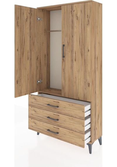 Arges Dolap Tek Raflı 3 Çekmeceli Tek Askılı 88x30x182 Çam-çam Çam