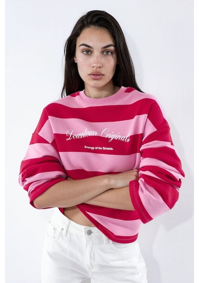 Hiccup %100 Pamuk Oversize Çizgili Sweatshirt Kırmızı