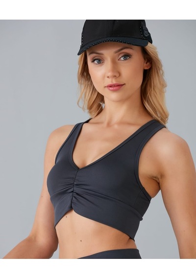 Aurafit Kadın Önü Büzgülü Arkası Çapraz Kaplı Croptop/büstiyer Antrasit