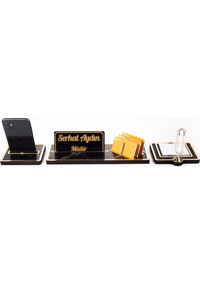 Vega Gold Çerçeveli Mermer Desenli Ataçlı Hediye Masa İsimliği Ahşap Masa Seti Ofis Masaüstü İsimlik