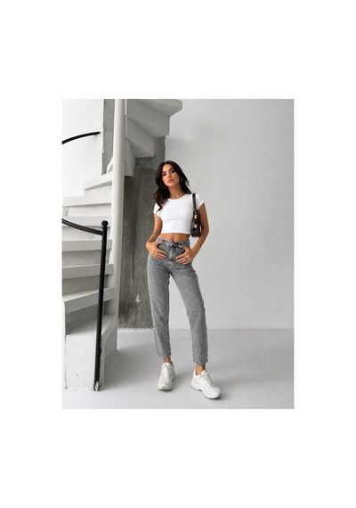 Kene Jeans Gri Kar Bacak Taşlı Mom Jeans Gri Kar