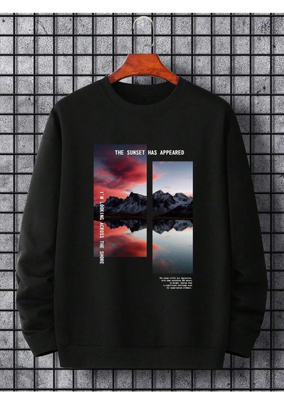 Startmore Adrift Manfinity Hypemode Mountain & Slogan Graphic Sweatshirt Siyah Siyah