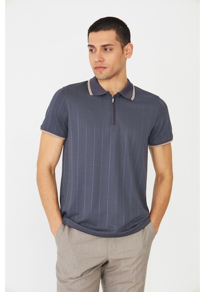 Gri Fermuarlı Polo Yaka Erkek T-shirt Füme