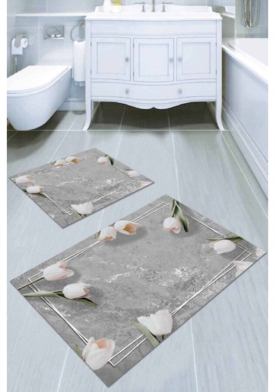 Gri Çiçek Temalı Banyo Halısı Klozet 2'li Paspas Seti Bs011n11