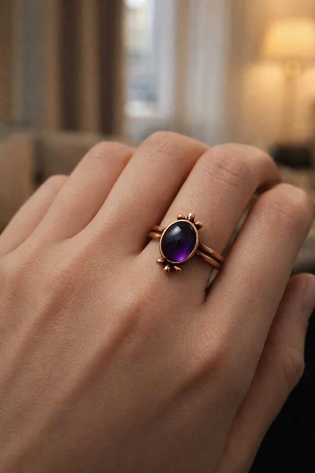 Banum Luxury El İşi Tasarım Ametist Amethyst Doğal Taşlı Bakır Yüzük MOR