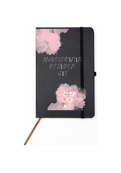 Hayallerinin Peşinden Git Yazılı Çiçek Desenli Kişiye Özel Deri Kapak Defter Siyah