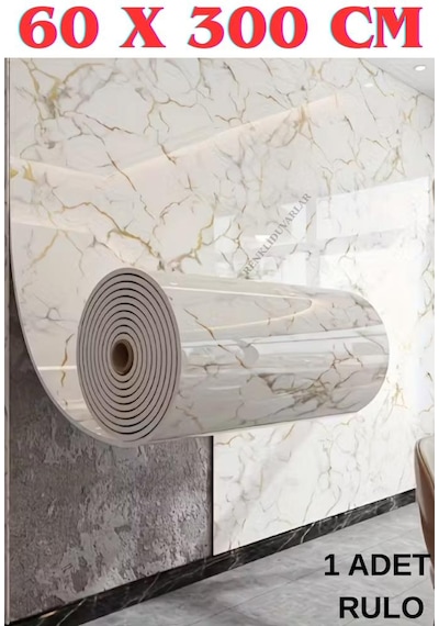 60cmx300cm Tek Parça Yapışkanlı Rulo Mermer Desenli Duvar Paneli Kağıdı Silinebilir Ls-6010-böte Altın - Beyaz