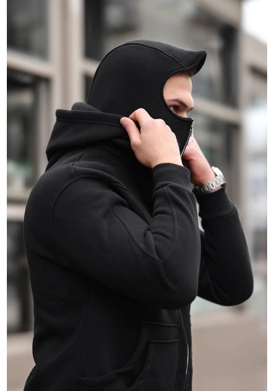 Barlashive Erkek 3 İplik Şardonlu Maskeli Ninja Model Çift Kapüşonlu Fermuarlı 4 Cepli Sweatshirt- Siyah Çok Renkli