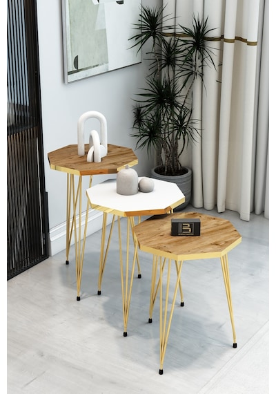 3'lü Sekizgen Zigon Sehpa Seti - Gold Metal Ayaklı, Modern & Şık Yan Sehpa, Dayanıklı Salon Ofis Beyaz Atlantik Çam