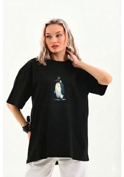 Kadın T-shirt Penguen Baskılı Bisiklet Yaka Kısa Kol Yazlık Tişört - Siyah
