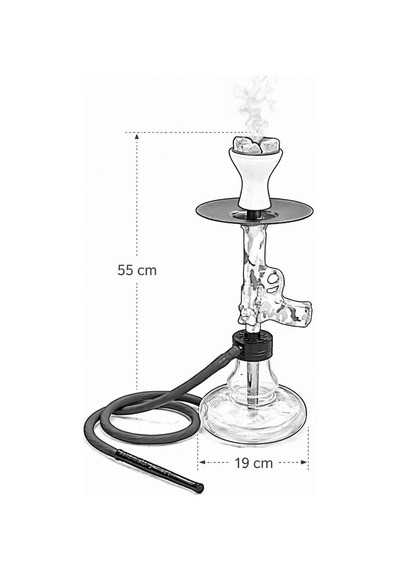 Modern Cam Nargile Takımı 55 Cm Şeffaf Taban 19 Cm Seramik Lüleli, Kalın Hortumlu Premium Nargile Seti