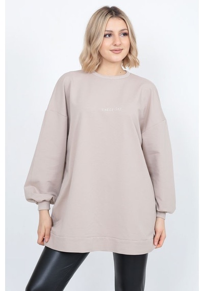 Kadın Uzun Kollu Oversize Sweatshirt Nakişli Bej
