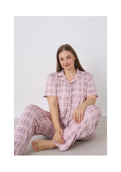 Estiva Kadın Kareli Pembe Kısa Kollu Önden Düğmeli Soft Battal Pijama Takımı Çok renkli