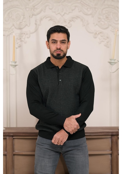 Woolen World Polo Yaka Armürlü Yünlü Erkek Triko Kazak Siyah