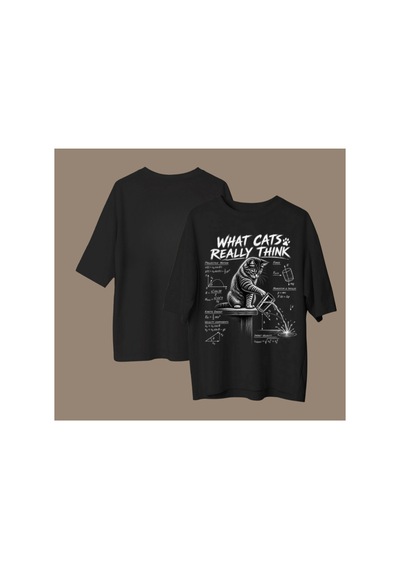 Qmen Style Unisex Siyah Oversize Baskılı T-shirt Uzman Kedi R %100 Pamuk