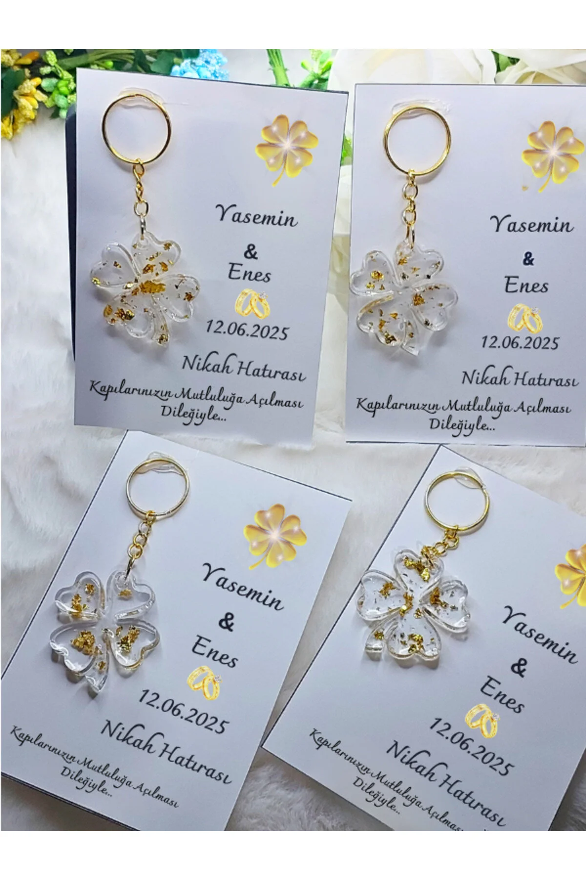 25 Adet Kartlı Epoksi Anahtarlık Yonca , Söz , Nişan, Nikah , Kına, Mevlüt Hediyelik Altın Gold