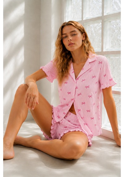 Kadın Örme Pamuklu Mini Boy Pembe Pijama Takımı