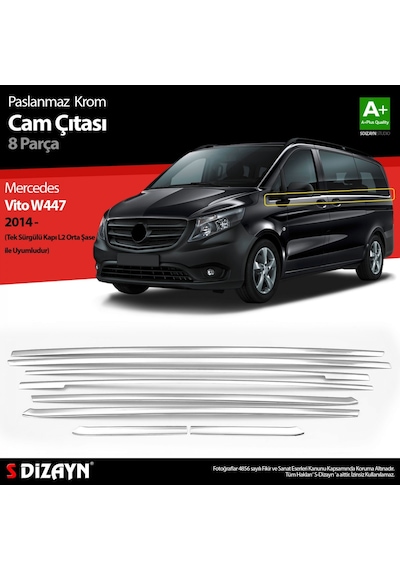 S-dizayn Mercedes Vito W447 Krom Cam Alt Çıtaları 8 Prç. Tek Sürgülü Kapı-l2 Orta Şasi 2014-2020