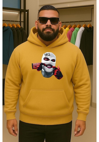 Benroma Maske Baskılı Büyük Beden Sweatshırt Sarı