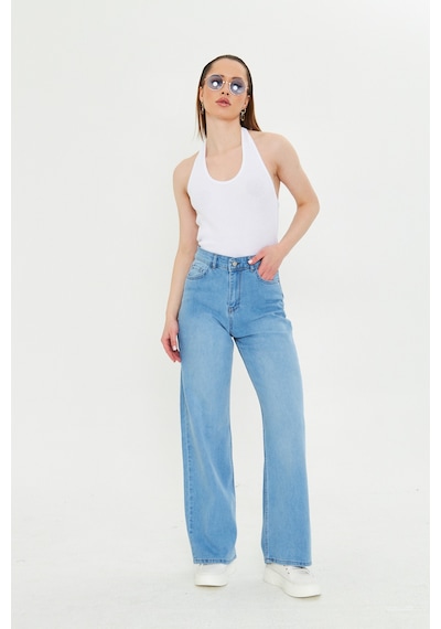 Kutaf Buz Mavi Beş Cepli Palazzo Denim Pantolon Bebe Mavisi