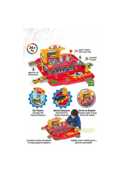 Büyük Boy Otopark Seti - 2 Adet Die-cast Metal Araba Hediyeli Eğitici Garaj Seti Çok Renkli
