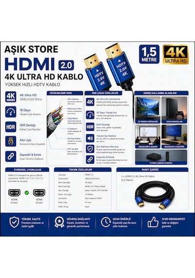 Hdmı 2.0 Kablo 1,5 Metre 4k Ultra Hd 18gbps Altın Uçlu Hdr Destekli Tv Monitör Ps5 Xbox Laptop Uyumlu