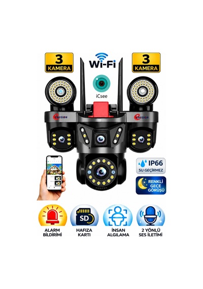Esvision Es-9003 3 Lensli 9mp Akıllı Wifi Ptz Kamera Gece Görüşlü Güvenlik Kamerası