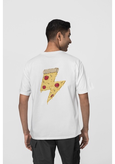 Pizza Ön-arka Baskılı %100 Pamuk Beyaz Kadın/erkek Unisex Rahat Kalıp Oversize T-shirt Beyaz
