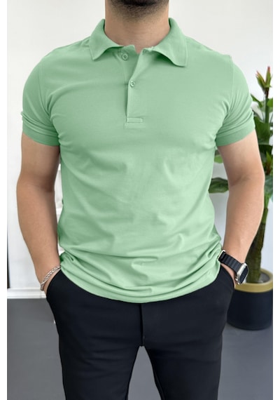 Erkek Slim Fit Düz Renk Pamuklu Soft Polo Tişört Su Yeşili Edw365 Su Yeşili