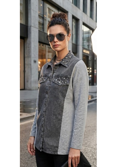 Stormwear Çift Kumaş Detaylı Taşlı Denim Gömlek Gri