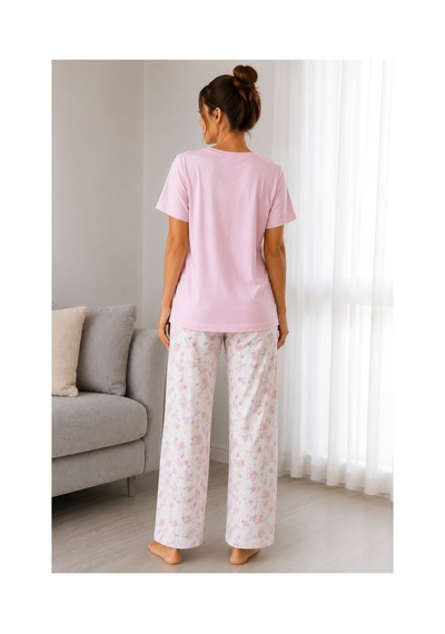 Mixxtrend Kadın Pamuklu Çiçekli Pijama Takımı Pembe