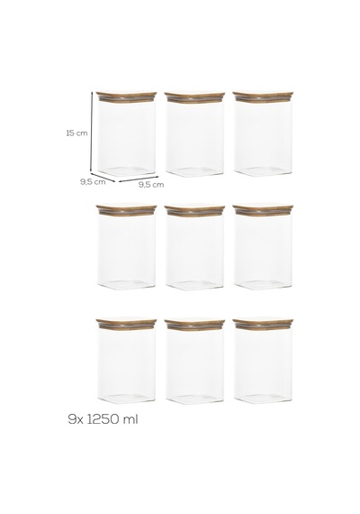 Porsima 6-3 Bambu Vakumlu Kapaklı Kare Borsilikat Cam 9lu Kavanoz Seti Saklama Kabı 1250ml 9,5x15cm Ahşap - Şeffaf