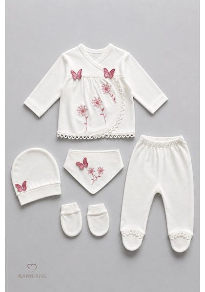 Babyden's Yenidoğan Kız Bebek Mevlit Takımı %100 Pamuk 5'li Hastane Çıkışı Kelebek Nakışlı Set Ekru