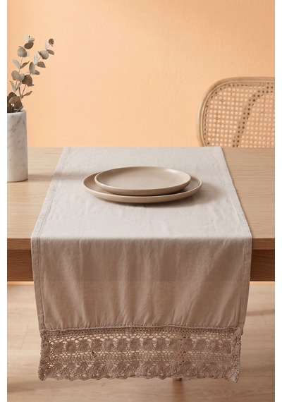 Gri Lacy Pamuklu Dantelli Runner 40x150 Cm