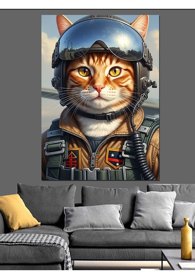 Ahşap Tablo Pilot Kasklı Kedi Portresi