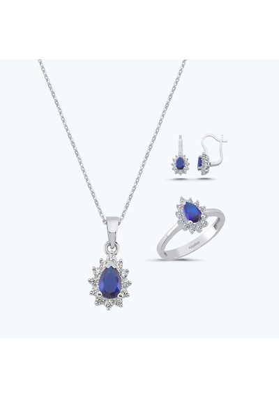 Altınbaş Mavi Taşlı Altın Üçlü Damla Set Autk0017-b-24627-l-set