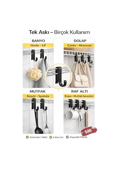 Sas Haus 4 Adet Plastik Askı Metal Banyo Mutfak Rafları Için Siyah 12 Izgara