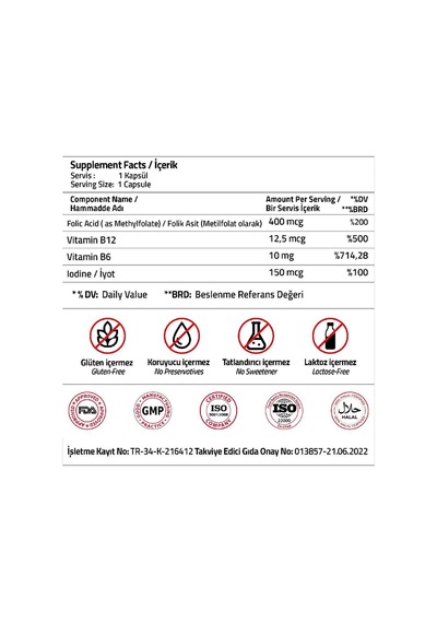 Folat Qatrefolic 400 Mcg + Vitamin B12 + Vitamin B6 + Iodine 60 Capsules