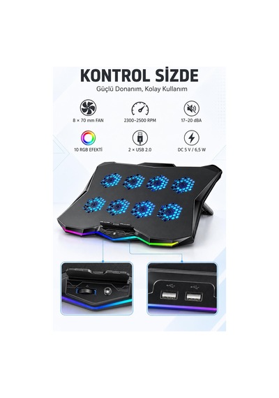 Uptech Rgb Laptop Soğutucu 8 Fanlı Ayarlanabilir Standlı Notebook Soğutucu
