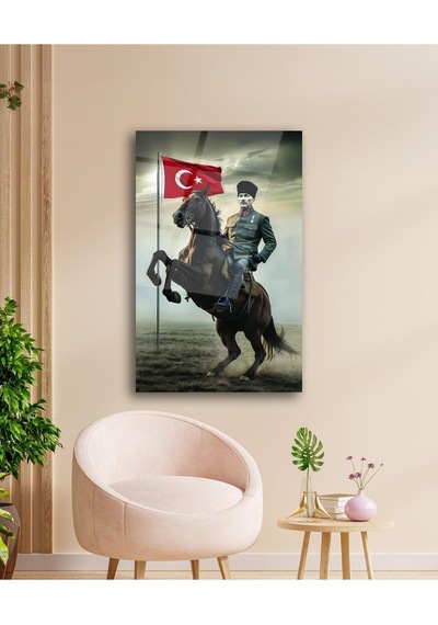 Atatürk Portre Ve Türk Bayrağı Cam Tablo Modern Ev Ofis Salon Hediyelik Büyük Tablo Duvar Dekoru