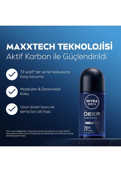 Erkek Roll On Deodorant Deep Darkwood 50 Ml,72 Saat Ter Ve Ter Kokusuna Karşı Koruma,maskülen Ferah Koku,aktif Karbon,yapışkan His Bırakmaz