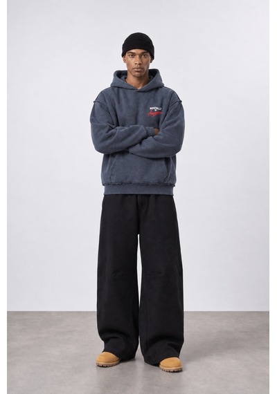 Respire Erkek Pis Dikiş Detaylı Yıkamalı Oversize Hoodie Füme