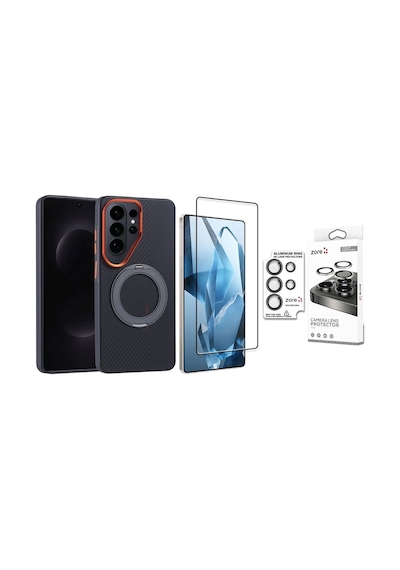 Vendas Galaxy Uyumlu  S26 Ultra Karbon Fiber Görünümlü Zore Standlı Troy Kapak + Safir Lens + Ekran Koruyucu Turuncu