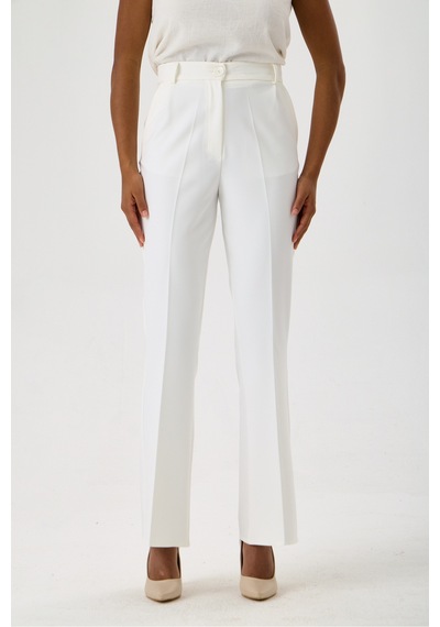 Velnara Moda Kırık Beyaz İspanyol Paça Cepli Yüksek Bel Dokuma Kumaş Kadın Pantolon Beyaz - 918305891 Beyaz