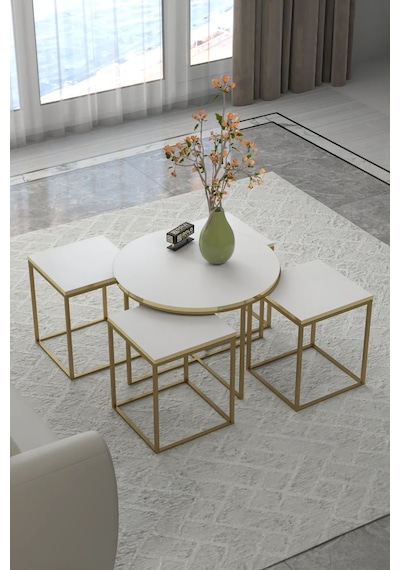 Reyo Falez Oval Lux 5'li Orta Ve Zigon Sehpa Seti Altın Beyaz