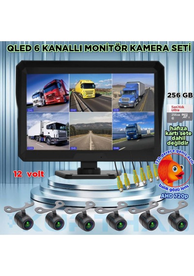 Ledsiz 6 Adet Ahd 720p Balık Gözü Kelebek Kamera 6 Kanallı 10'' Hybrid Dvr Monitör 12 V 256 Gb