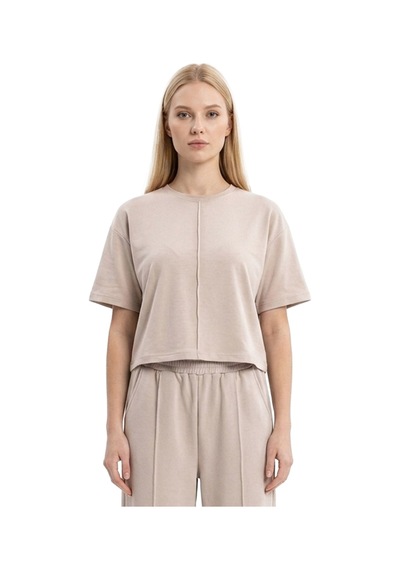 Cottonhıll Premium - Sway Collection Vizon Modal Bisiklet Yaka Nervür Dikiş Detaylı Tişört