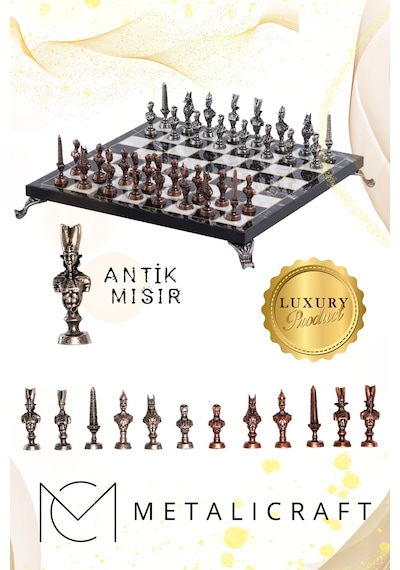 Mc76 Antik Mısır Figürlü Metal Satranç Takımı - 30cm Mermer Desenli Tahta El Yapımı Taşlar